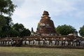 Ancient ruins ubosot ordination hall and antique old ruin stupa chedi for thai people traveler travel visit respect myth mystical