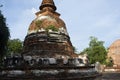 Ancient ruins ubosot ordination hall and antique old ruin stupa chedi for thai people traveler travel visit respect myth mystical