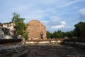 Ancient ruins ubosot ordination hall and antique old ruin stupa chedi for thai people traveler travel visit respect myth mystical