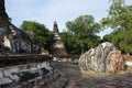 Ancient ruins ubosot ordination hall and antique old ruin stupa chedi for thai people traveler travel visit respect myth mystical