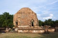 Ancient ruins ubosot ordination hall and antique old ruin stupa chedi for thai people traveler travel visit respect myth mystical