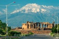 ancient ruins of Zvartnots temple, Armenia, view of Mount