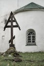 Ancient Russian church and wooden cross Royalty Free Stock Photo