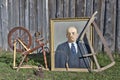 Ancient russian farmers things portrait Vladimir Lenin, spinning wheel, handsaw