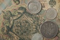 The ancient Russian, silver coins and old banknotes times of Nicolay 2 Royalty Free Stock Photo