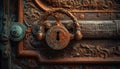 Ancient rusty doorknob, ornate decoration, closed entrance generated by AI