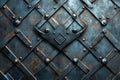 Ancient rusty metal gate with rivets and decorative element is closing, background or texture