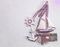 Ancient sailing boat vintage equipment rope and seashell on pink