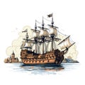 Historic Ship On The Sea Vector Illustration In Renaissance Style