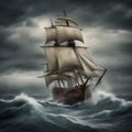 Ancient sailing vessel in stormy sea Royalty Free Stock Photo