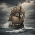 Ancient sailing vessel in stormy sea Royalty Free Stock Photo