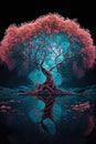 Ancient sakura tree with reflection in calm lake. Mystical surreal landscape on alien planet. Bioluminescence, neon colors, cyan,