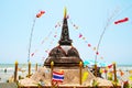 ancient sand pagoda and flags was carefully built, and beautifully decorated in Songkran festival Royalty Free Stock Photo