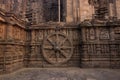 Ancient sandstone carvings on the walls of the ancient 13th century sun temple at Konark, Odisha, India.