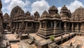 Ancient sandstone ruins of Hindu monument, ornate sculpture decoration generated by AI