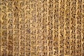 Ancient Sanskrit text carving on a golden background