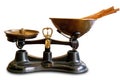Ancient scales with brass weight pendulum and Thai herbs weight balance on brass tray Royalty Free Stock Photo