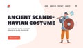 Ancient Scandinavian Costume Landing Page Template. Kid in Viking Suit, Warrior Boy Character Wear Horned Helmet