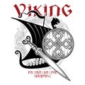 Ancient Scandinavian design. Viking ship Drakkar, sword, shield, Old Norse pattern and inscription Viking Royalty Free Stock Photo