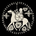 Ancient Scandinavian God Odin, God Odin on horse Sleipnir and Norse runes. Illustration of Norse mythology Royalty Free Stock Photo