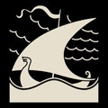 An ancient Scandinavian image of a Viking ship decorated with a dragon head. Drakkar logo