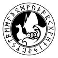 An ancient Scandinavian image of a Viking ship decorated Norse runes. Drakkar logo