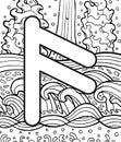 Ancient scandinavic rune ansuz with doodle ornament background. Coloring page for adults. Psychedelic fantastic mystical artwork. Royalty Free Stock Photo