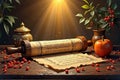 Ancient scroll and apple amidst festive rosh hashanah setting with sunlight rays Royalty Free Stock Photo