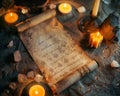 Ancient scroll with cryptic symbols illuminated by candlelight on stone surface Royalty Free Stock Photo