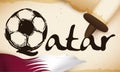 Scroll with Soccer Ball Drawing, Roll and Qatar Flag, Vector Illustration
