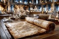 Ancient Scroll and Map on Table in Candlelit Library Royalty Free Stock Photo