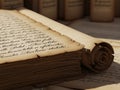 Ancient scroll unfurled revealing handwritten text on aged parchment Royalty Free Stock Photo