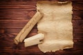 Ancient scrolls background wooden table, texture old paper and w Royalty Free Stock Photo