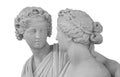 Ancient sculpture of Bacchus and Ariadne. Marble man and woman statue isolated on white background. Royalty Free Stock Photo