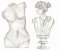 Ancient sculpture set, goddess head, torso, Watercolor Antique mythology statues bust, hand drawn illustration, god face sculpture Royalty Free Stock Photo