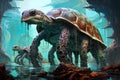 Ancient sea turtles, carrying entire ecosystems on their colossal shells - Generative AI