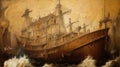 Ancient Ship in Grunge Ocean: Vintage Painting with Textured Waves Royalty Free Stock Photo