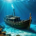 Ancient ship in the underwater Fantasy Royalty Free Stock Photo