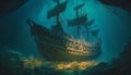 Ancient ship in the underwater Generative AI. Fantasy landscape Royalty Free Stock Photo