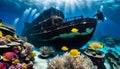 An ancient shipwreck is explored by a diver at the bottom of the sea, an underwater journey among the Great Barrier Reef Royalty Free Stock Photo