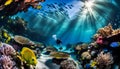 An ancient shipwreck is explored by a diver at the bottom of the sea, an underwater journey among the Great Barrier Reef Royalty Free Stock Photo