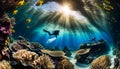 An ancient shipwreck is explored by a diver at the bottom of the sea, an underwater journey among the Great Barrier Reef Royalty Free Stock Photo