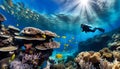 An ancient shipwreck is explored by a diver at the bottom of the sea, an underwater journey among the Great Barrier Reef Royalty Free Stock Photo