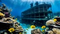 An ancient shipwreck is explored by a diver at the bottom of the sea, an underwater journey among the Great Barrier Reef Royalty Free Stock Photo