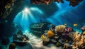 An ancient shipwreck is explored by a diver at the bottom of the sea, an underwater journey among the Great Barrier Reef Royalty Free Stock Photo