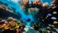 An ancient shipwreck is explored by a diver at the bottom of the sea, an underwater journey among the Great Barrier Reef Royalty Free Stock Photo