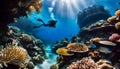 An ancient shipwreck is explored by a diver at the bottom of the sea, an underwater journey among the Great Barrier Reef Royalty Free Stock Photo
