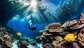 An ancient shipwreck is explored by a diver at the bottom of the sea, an underwater journey among the Great Barrier Reef Royalty Free Stock Photo