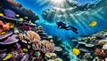 An ancient shipwreck is explored by a diver at the bottom of the sea, an underwater journey among the Great Barrier Reef Royalty Free Stock Photo