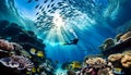 An ancient shipwreck is explored by a diver at the bottom of the sea, an underwater journey among the Great Barrier Reef Royalty Free Stock Photo